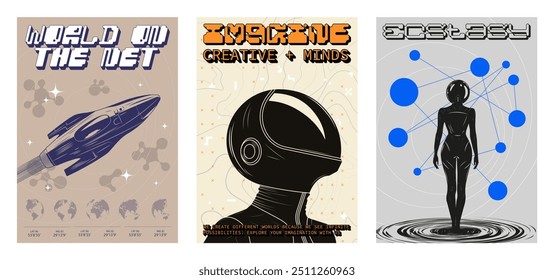 Retro futuristic poster series combining elements of cyberpunk and science fiction. Space exploration, vector posters with digital lettering. Cyberpunk, space, futuristic world. Vector graphic set