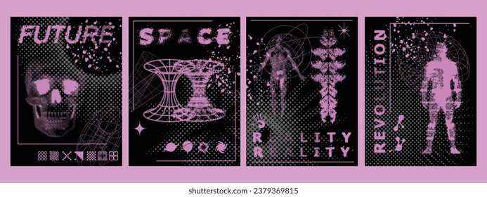 Retro futuristic poster set, vector y2k cyberpunk space aesthetic print, brutalist sci-fi clipart. 2000’s cyber halftone t-shirt collection, cyborg human figure, fiction pixel skull. Retro futuristic