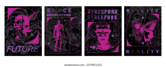 Retro futuristic poster set, y2k cyberpunk space aesthetic print, vector brutalist sci-fi clipart. 2000’s cyber halftone t-shirt collection, cyborg human figure, fiction pixel skull. Retro futuristic