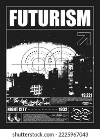 Retro futuristic poster street "Futurism" text. Print in techno style, for streetwear, print for t-shirts and sweatshirts on a black background