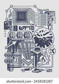 Retro futuristic poster. Streetwear abstract print with retro graphic people brain, wireframe 3D object, with pixel bitmap dither effect. Vector print for clothing