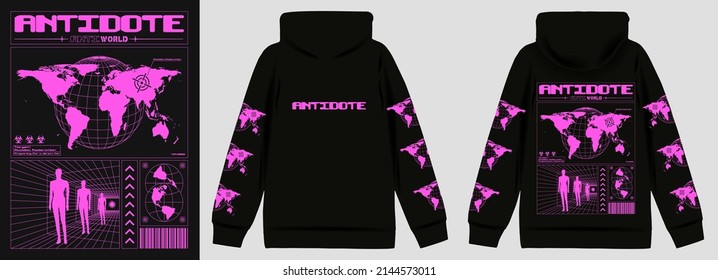 Retro Futuristic poster with text "Antidote". In the Techno style, a trendy print for a T-shirt, hoodie and sweatshirt. isolated on black background
