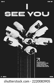 Retro futuristic poster with text "I see you" Surveillance camera. Print in techno style, for streetwear, print for t-shirts and sweatshirts on a black background