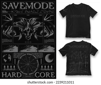 Retro futuristic poster with text "SAVEMODE". In Techno style, stylish print for streetwear, print for t-shirts and hoodies, isolated on black background