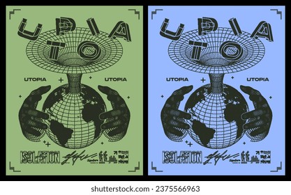 Retro futuristic poster with wireframes that hold the planet with the text "UTOPIA". Techno with bitmap dither effect print for T-shirt, hoodie, sweater