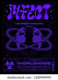 Retro futuristic poster with world. Print with noise, for streetwear, print for t-shirts and sweatshirts on a black background