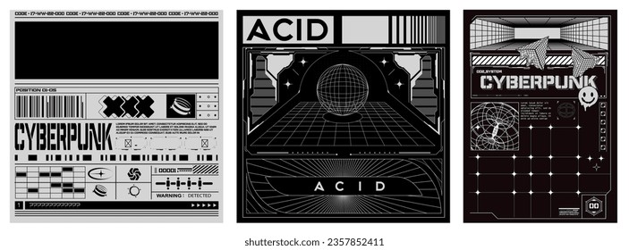 Retro futuristic posters with 3D wireframes of spheres and torus. Abstract future poster. Cyberpunk and retrofuturism. Vector set