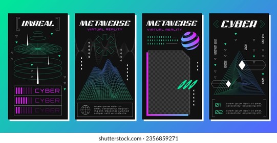 Retro futuristic posters with abstract 3d geometry wireframe grid. Technology graphic elements in vaporwave style. Geometric shapes, tunnel triangle in perspective view. Vector cyberpunk design.