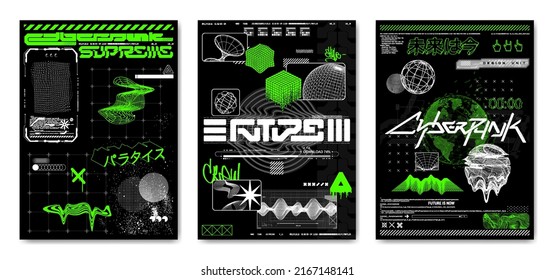 Retro futuristic posters in cyberpunk style with acid, grunge and abstract geometric shapes. Black and white cards with vaporwave elements from 80s-90s. Glitch template for merch, t-shirt. Vector set