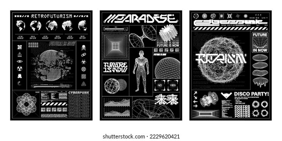 Retro futuristic posters set with 3D objects and science shapes and elements. Digital lettering with cyberpunk elements, shapes, spheres. Black posters. Translation of the Japanese word - future