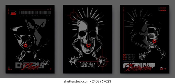 Retro futuristic posters skulls from different angles, Geometric objects and graffiti inscriptions, isolated Vector work