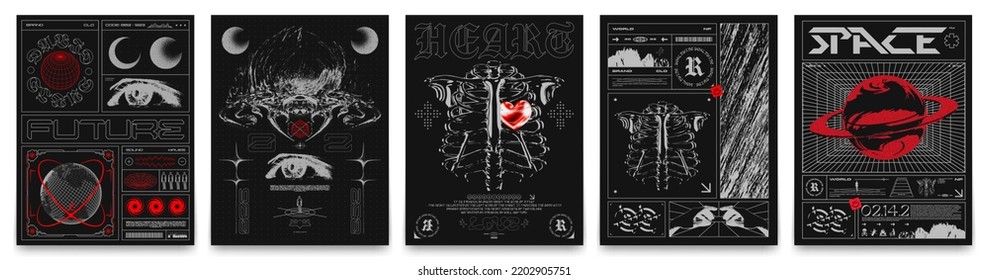 Retro futuristic posters with space ships, mountains, planets, human bones and wireframe spheres. Stylish techno style print for streetwear, print for t-shirts and sweatshirts on a black background