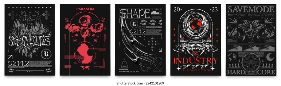 Retro futuristic posters with spiked heart, surveillance cameras, iron liquid, spaceship. In techno style print for streetwear, print for t-shirts and sweatshirts on a black background