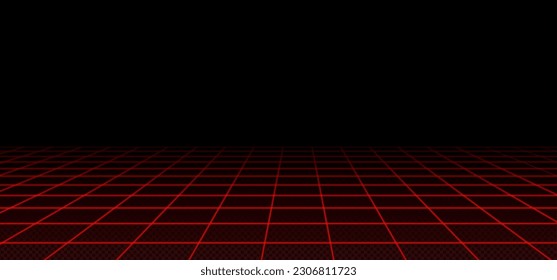 Retro futuristic red laser grid perspective on black background. Vector illustration of abstract mesh pattern. 80s sci fi matrix landscape with light beam network. Vaporwave cyberspace. Security