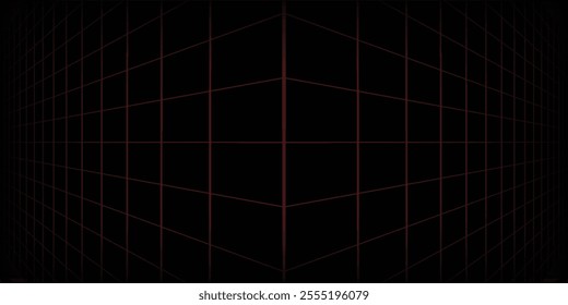 Retro futuristic red laser grid perspective on black background. Vector illustration of abstract mesh pattern. 80s sci fi matrix landscape with light beam network. Vaporwave cyberspace. Security