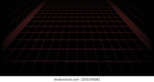 Retro futuristic red laser grid perspective on black background. Vector illustration of abstract mesh pattern. 80s sci fi matrix landscape with light beam network. Vaporwave cyberspace. Security