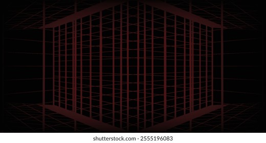 Retro futuristic red laser grid perspective on black background. Vector illustration of abstract mesh pattern. 80s sci fi matrix landscape with light beam network. Vaporwave cyberspace. Security