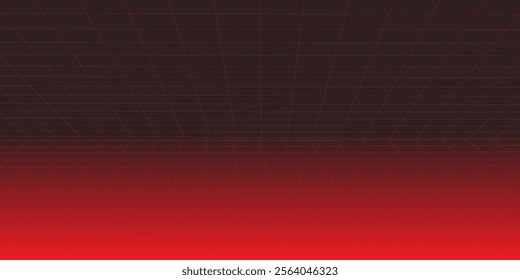 Retro futuristic red laser grid perspective on black background. Vector illustration of abstract mesh pattern. 80s sci fi matrix landscape with light beam network. Vaporwave cyberspace. Security