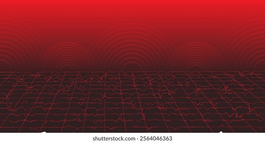 Retro futuristic red laser grid perspective on black background. Vector illustration of abstract mesh pattern. 80s sci fi matrix landscape with light beam network. Vaporwave cyberspace. Security