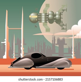 Retro futuristic sci fi landscape with colony on other planet, space craft and atompunk car moving down the road. Vector illustration