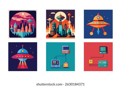 Retro futuristisch sci-fi stadsbeeld met ufo's en technologie-iconen