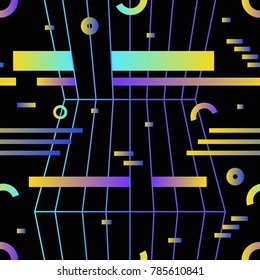 Retro futuristic seamless pattern with gradient colored horizontal stripes, rings and circles on black background. Vector illustration in hipster style for wrapping paper, textile print, backdrop.