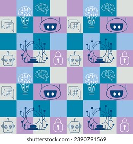 Retro futuristic seamless pattern of neural network and robots, chatbot, analytics and prediction.