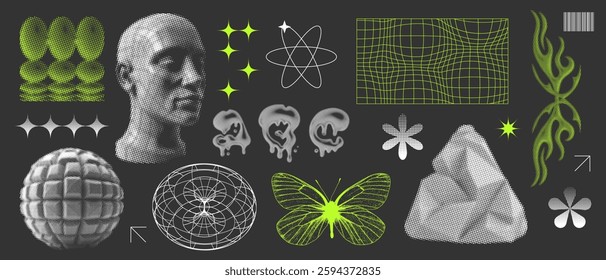 Retro futuristic set with 3d wireframe shapes and collage elements in dotted halftone style and grid forms. Contemporary vector illustration.