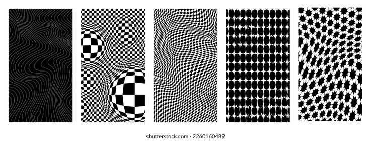 Retro futuristic set of backgrounds. Y2K aesthetics. Kaybug. Twisted pattern, surreal shapes, altered patterns, displaced shapes. Vector illustration.