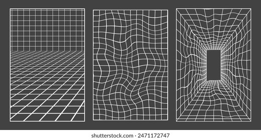 Retro futuristic set. Modern geometric shapes, wireframe and perspective grids. Abstract vector illustration in trendy psychedelic techno style, abstract wave lines