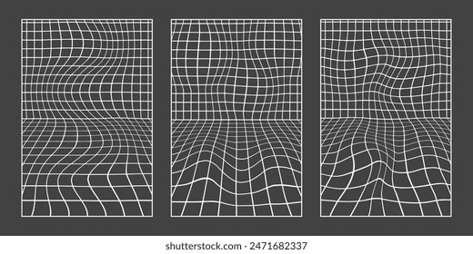 Retro futuristic set. Modern geometric shapes, wireframe and perspective grids. Abstract vector illustration in trendy psychedelic techno style, abstract wave lines