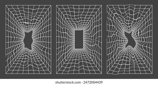 Retro futuristic set. Modern geometric shapes, wireframe and perspective grids. Abstract vector illustration in trendy psychedelic techno style, abstract wave lines