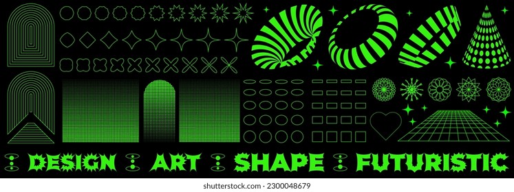 Retro futuristic set in neon green. Surreal geometric shapes, abstract backgrounds and patterns, wireframe, elements, perspective grid. Vector graphics in the style of the 70s-2000s.