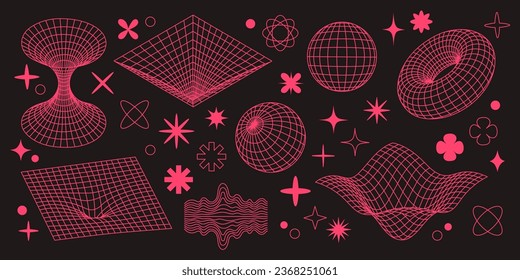 Retro futuristic set. Pink surreal geometric shapes. Abstract vector illustration in trendy psychedelic techno style.