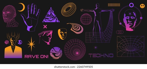 Retro futuristische Set. Rave Techno Punk surreal geometrische Symbole, psychedelische Wireframe Perspektive Gitter für Streetwear Design. Vektorgrafik der psychedelischen 3D rave 90s futuristische Illustration