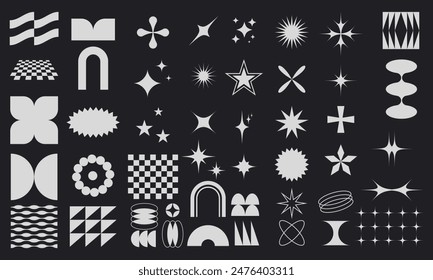 Retro futuristic shape element collection. Set of Brutalism shapes design elements, minimalist abstract geometric symbols and objects in y2k style. Templates for design, posters, projects, banners