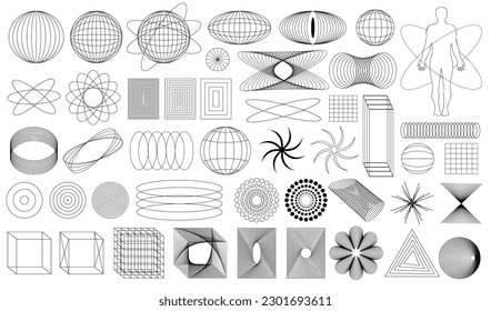 Retro futuristic shape. Rave black trip elements on the white background. Acid rave concept. Trippy vibe shapes, abstract forms in vaporwave 80s and 90s. Vector set. Black lines. Technologies. 