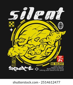 Retro futuristic shirt and poster design with a planet surrounded by clouds, Techno style print for street wear, print for t-shirts and sweatshirts isolated on a black background