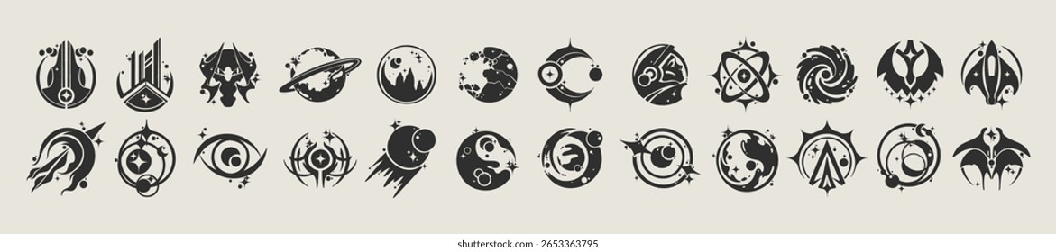 Retro conjunto de ícones de espaço futurista, vetor ciber planeta de ficção científica alienígena coleção de silhueta de nave estelar. Moderna impressão de t-shirt da estrela de galáxia y2k, design em forma de globo moderno, decoração techno ácida. Ícone futurista