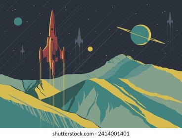 Retro Futuristic Space Illustration, Launching Space Rockets, Extraterrestrial Panorama, Mountains, Saturn, Moon 