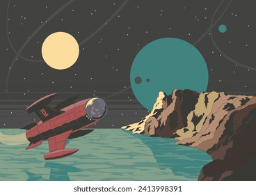 Retro Futuristic Space Illustrations, Spacecraft, Extraterrestrial Panorama, Ocean, Cliffs, Planets