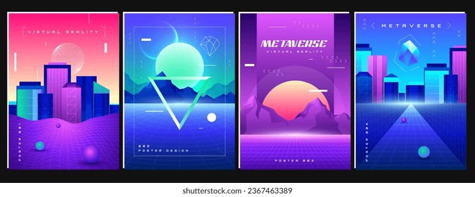 Retro futuristic space posters with synthwave background. Retrowave flyers with perspective grid, night cityscape and wireframe mountain landscape with night sky and sunset. Metaverse neon city.