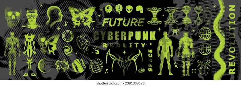 Retro futuristic space print set, science fiction cyber vector graphic element pixel human figure. Planet Earth sign, acid techno poster, brutalist halftone t-shirt streetwear design. Retro futuristic