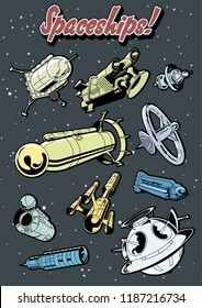 Retro Futuristic Spaceships Stickers Set
