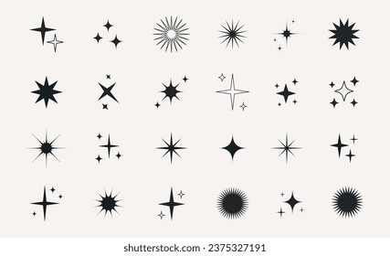 Retro futuristic sparkle icons collection. Set of star shapes. Abstract shine symbols, Y2k elements. Perfect for design posters, projects, banners, logo. Vector illustration.
