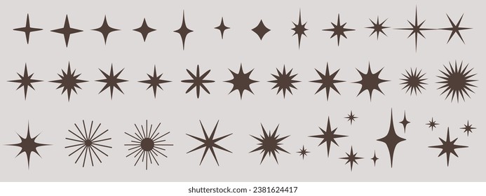 Retro futuristic sparkle icons collection. Set of star shapes. Templates for design, posters, projects, banners, logo, and business cards. Abstract cool shine effect sign vector design.