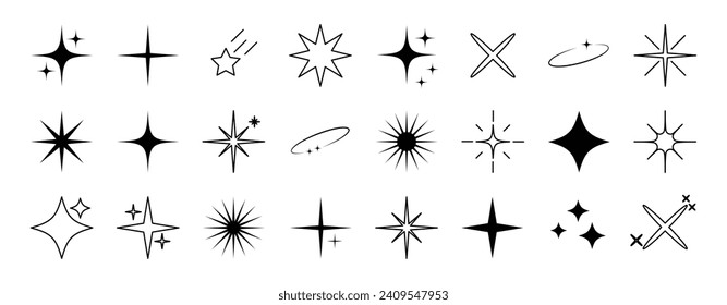 Retro futuristic sparkle icons collection. Set of star shapes. Abstract shine symbols, Y2k elements. Perfect for design posters, projects, banners, logo. Vector illustration