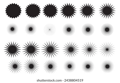 Retro futuristic sparkle icons collection. Set of star shapes. Abstract cool shine effect sign vector design. Star sparkle and twinkle. Star burst, flash stars. Isolated vector starburst icons, black.