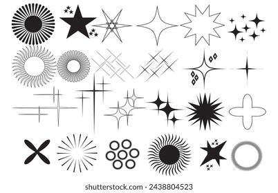 Retro futuristische Sparkle Icons Sammlung. Satz von Sternformen. Abstraktes Cool-Shine-Effekt-Zeichen-Vektor-Design. Star funkelt und funkelt. Stern geplatzt, blitzen Sterne. Isolierte Vektor-Starburst-Symbole, schwarz.