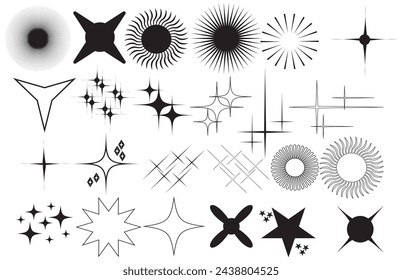 Retro futuristic sparkle icons collection. Set of star shapes. Abstract cool shine effect sign vector design. Star sparkle and twinkle. Star burst, flash stars. Isolated vector starburst icons, black.